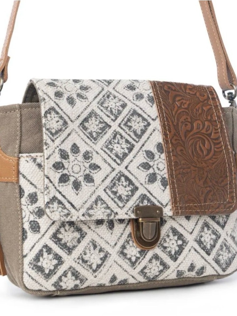 Myra Bag Gray and Brown Patterned Crossbody with Tooled Leather Accent